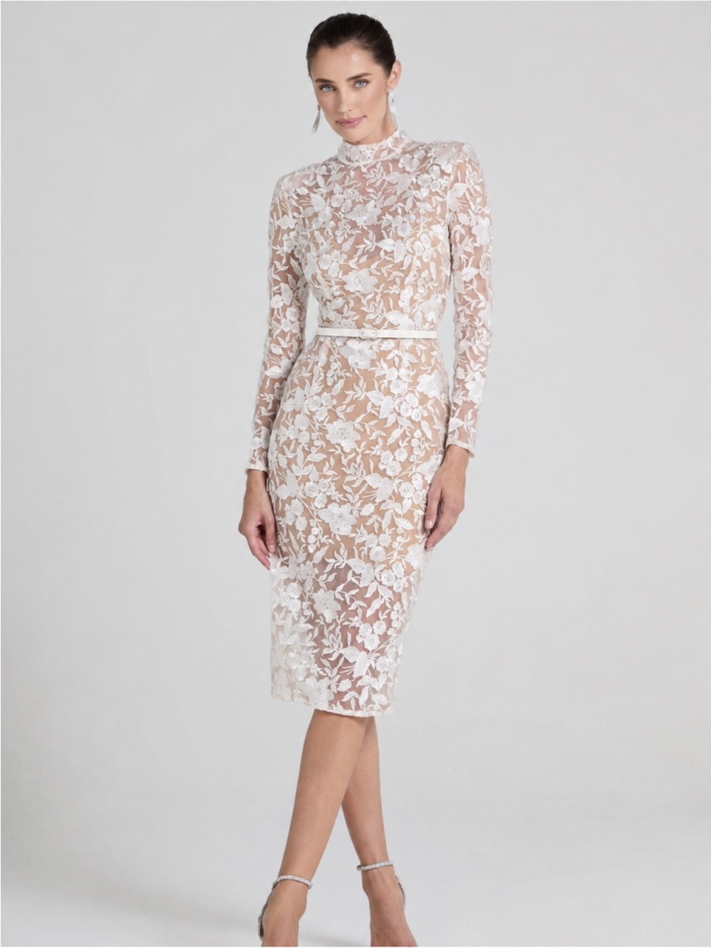 NADINE MERABI Naomi White Floral Lace Long-Sleeve Midi Dress